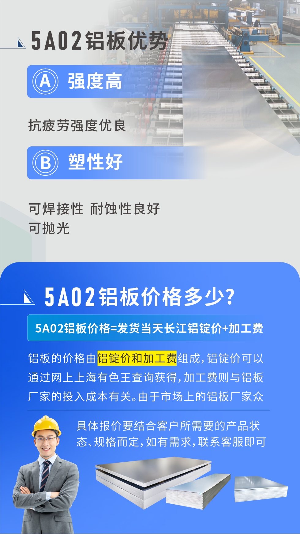 5A02產品優(yōu)勢:強度高、抗疲勞強度優(yōu)良、塑性好、可焊接性、耐蝕性良好、可拋光。5A02鋁板價格多少？5A02鋁板價格=發(fā)貨當天長江鋁錠價+加工費；
鋁板的價格由鋁錠價和加工費組成，鋁錠價可以通過網上上海有色王查詢獲得，加工費則與鋁板廠家的投入成本有關。由于市場上的鋁板廠家眾多，再加上5a05鋁板具有不同的狀態(tài)和規(guī)格，每個廠家、每個狀態(tài)的報價也都是不一樣的。具體報價要結合客戶所需要的產品狀態(tài)、規(guī)格而定，如有需求，聯系客服即可安排業(yè)務經理為您報價。點擊在線咨詢。

