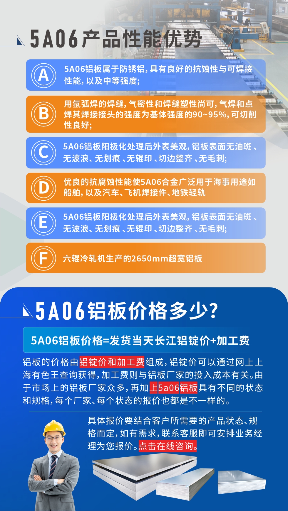 產(chǎn)品性能優(yōu)勢   

1、5A06鋁板屬于防銹鋁，具有良好的抗蝕性與可焊接性能，以及中等強度;

2、用氬弧焊的焊縫，氣密性和焊縫塑性尚可，氣焊和點焊其焊接接頭的強度為基體強度的90~95%，可切削性良好;

3、5A06鋁板陽極化處理后外表美觀，鋁板表面無油斑 、無波浪、 無劃痕 、無輥印 、切邊整齊 、無毛刺;

4、優(yōu)良的抗腐蝕性能使5A06合金廣泛用于海事用途如船舶，以及汽車、飛機焊接件、地鐵輕軌;

5、六輥冷軋機生產(chǎn)的2650mm超寬鋁板;