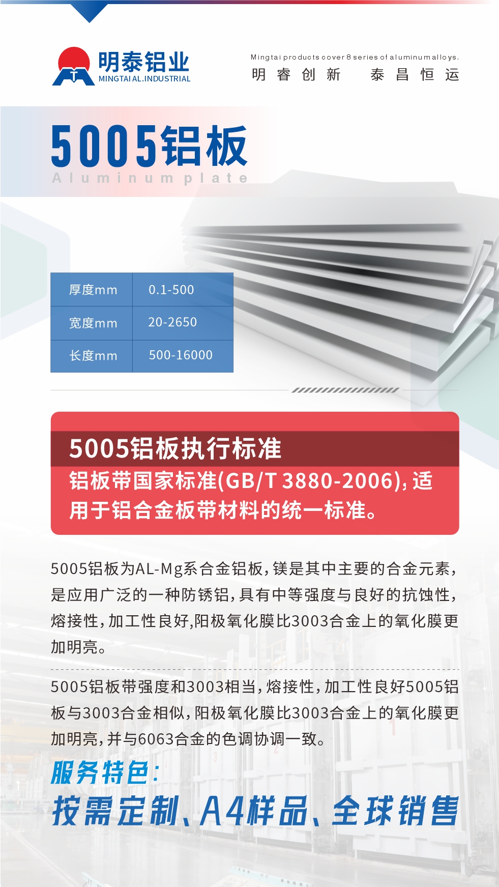產(chǎn)品介紹

5005鋁板為AL-Mg系合金鋁板，鎂是其中主要的合金元素，是應(yīng)用廣泛的一種防銹鋁，具有中等強(qiáng)度與良好的抗蝕性，熔接性，加工性良好,陽極氧化膜比3003合金上的氧化膜更加明亮。

5005鋁板帶強(qiáng)度和3003相當(dāng)，熔接性，加工性良好5005鋁板與3003合金相似，陽極氧化膜比3003合金上的氧化膜更加明亮，并與6063合金的色調(diào)協(xié)調(diào)一致。服務(wù)特色：按需定制、A4樣品、全球銷售!

