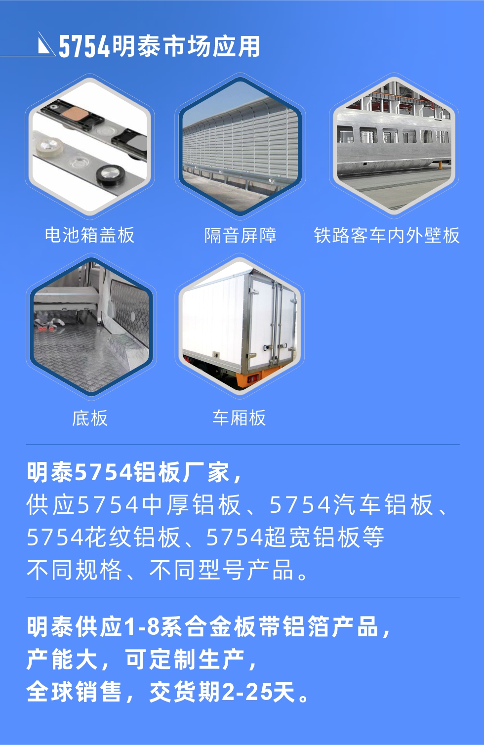 明泰5754鋁板優(yōu)勢

　　1、可焊接性能強，焊接裂縫的傾向低，焊縫和基體金屬的強度高。

　　2、表面的氧化物較少，軋制板材的表面質量好，光滑無裂紋，無腐蝕斑點和硝鹽痕跡。

　　3、5754鋁板屬于中高強度的鋁合金，疲勞性能和耐腐蝕性能好。

　　4、可根據客戶需求定制不同厚度、不同版型的5754鋁板產品。

　　5754鋁板生產以及包裝要求
　　1、表面不允許有裂紋、腐蝕斑點和硝鹽痕跡。

　　2、表面上允許有深度不超過缺陷所在部位壁厚公稱尺寸8%的起皮、氣泡、表面粗超和局部機械損傷，但缺陷深度不能超過0.5mm,缺陷總面積不超過板材總面積的5%。

　　3、允許供貨方沿型材縱向打光至表面光滑。

　　4、其他要求：有需求方和供貨方自己擬定。


