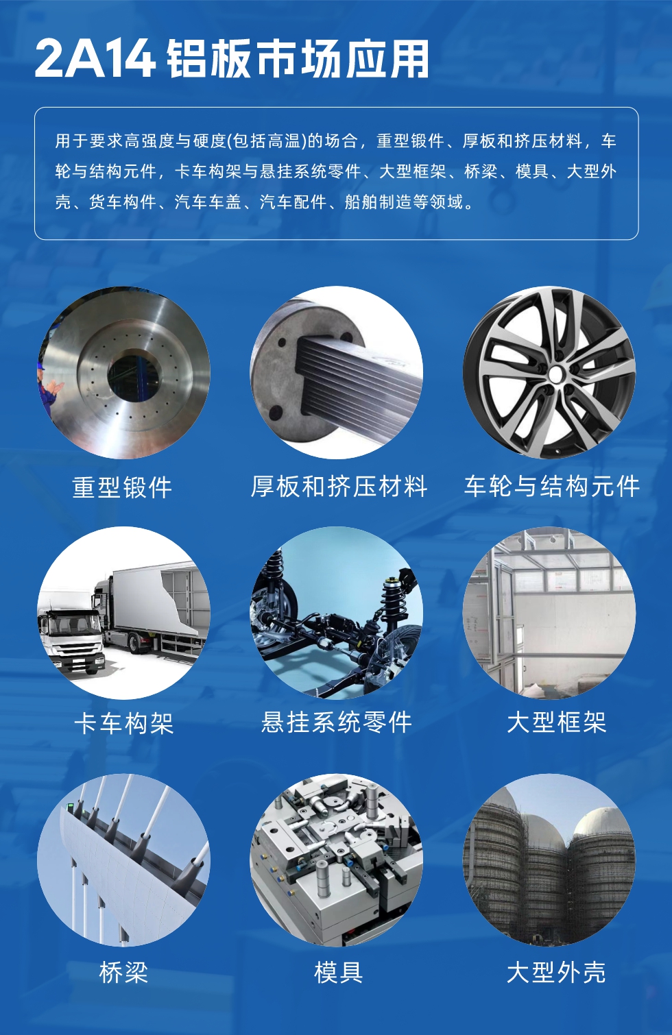 2A14鋁板市場應(yīng)用：

用于要求高強度與硬度(包括高溫)的場合，重型鍛件、厚板和擠壓材料，車輪與結(jié)構(gòu)元件，卡車構(gòu)架與懸掛系統(tǒng)零件、大型框架、橋梁、模具、大型外殼、貨車構(gòu)件、汽車車蓋、汽車配件、船舶制造等領(lǐng)域。
