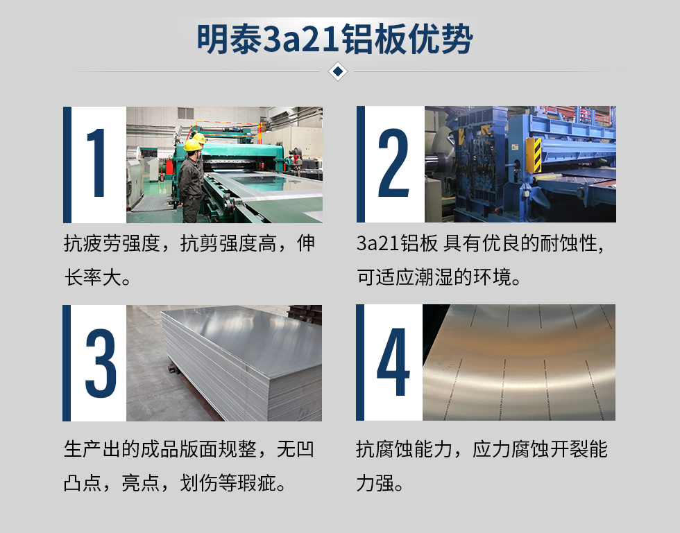 明泰3a21鋁板優(yōu)勢
　　1、抗疲勞強度，抗剪強度高，伸長率大。
　　2、3a21鋁板 具有優(yōu)良的耐蝕性,可適應(yīng)潮濕的環(huán)境。
　　3、 生產(chǎn)出的成品版面規(guī)整，無凹凸點，亮點，劃傷等瑕疵。
　　4、抗腐蝕能力，應(yīng)力腐蝕開裂能力強。